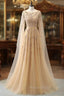 Elegant Jewel Long Sleevess Ruffle Formal Prom Dresses with Beadings On Sale