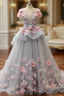 Elegant Lace-up Back Floral Appliques Grey Long Formal Prom Dresses