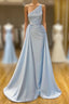 Elegant Light Blue One-shoulder Overskirt Soft-pleated Formal Prom Dresses