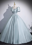 Elegant Light Cyan Square Neck Short Sleeve Satin Long Formal Prom Dresses