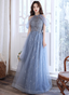Elegant Light Haze Blue A-Line Halter Cold Shoulder Tulle Long Formal Prom Dresses