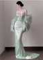 Elegant Light Mint Green Mermaid Sweetheart Neck Pearl Backless Shiny Satin Train Formal Prom Dresses