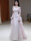 Elegant Light Pink Mermaid Off-The-Shoulder Sequined Sheer Tulle Long Formal Prom Dresses