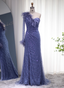 Elegant Mermaid Blue One-Shoulder Feather Beaded Tulle Long Formal Prom Dresses