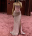 Elegant Mermaid Spaghetti Straps Pink Beads Sequin Slit Long Formal Prom Dresses Formal Dresses
