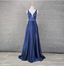 Elegant Navy Blue A-Line V-Neck Satin Long Formal Prom Dresses