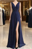 Elegant Navy Blue Chiffon Bridesmaid Dresses With Slit