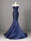 Elegant Navy Blue Mermaid Strapless Pleated Satin Long Formal Prom Dresses