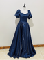 Elegant Navy Blue Puffed Short Sleeve Satin Long Formal Prom Dresses