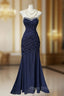 Elegant Navy Mermaid Strapless Formal Prom Dresses Backless Chiffon Birthday Evening Dresses