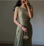 Elegant Olive Green One-Shoulder Ruffled Slit Satin Long Formal Prom Dresses