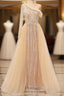 Elegant One Shoulder Beige Formal Prom Dresses Sheer Beading Lace Formal Dresses