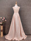 Elegant Pink A-Line Sleeveless Crew Neck Lace Rhinestone Brocade Satin Long Formal Prom Dresses