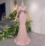 Elegant Pink Mermaid Halter Neck Ruffled Satin Train Formal Prom Dresses