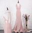 Elegant Pink Mermaid Halter V-Neck Satin Train Formal Prom Dresses