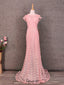 Elegant Pink Mermaid Short Sleeve Crew Neck Cutout Lace Long Formal Prom Dresses