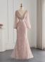 Elegant Pink Mermaid V-Neck Long Sleeve Sequin Long Formal Prom Dresses