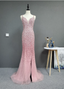 Elegant Pink Mermaid V-Neck Spaghetti Strap Full Rhinestone Slit Tulle Train Formal Prom Dresses