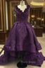 Elegant Purple Deep V Neck Appliqued Floral Short Front Long Back High Low Formal Prom Dresses