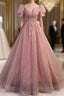 Elegant Red Pink Beaded Rhinestone Fluffy Short Sleeved Ball Dresses With Red Pink V-Neck Butterfly Patch Flower Dew Back Strap And Floor Length Evening Dresses
