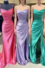 Elegant Satin Mermaid Formal Prom Dresses With Pleated Bodice, Spaghetti Strap & Slit Fd5090