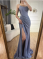 Elegant Slate Blue Spaghetti Strap Mermaid Ruched Slit Satin Long Formal Prom Dresses