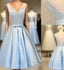 Elegant Sleeveless Deep V Back Appliques Clairvoyant Outfit Satin Skirt Tea Length Homecoming Dresses