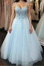Elegant Spaghetti Straps Backless Long Blue Lace Formal Prom Dress, Backless Blue Lace Formal Graduation Evening Dress