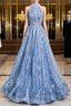 Elegant Tulle Sequins Floor Length Formal Prom Dresses, Blue Halter A-Line Evening Dresses