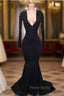 Elegant V-Neck Long Sleevess Appliques Sequins Mermaid Zipper Formal Prom Dresses