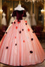 Elegant Velvet Tulle Long Formal Dresses, Burgundy Off the Shoulder Sweet Flower Party Dresses