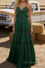 Emerald Green A-line V Neck Sleeveless Floor-Length Chiffon Prom Dress Long Prom Dresses Backless with Pleated Ruffles