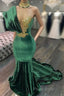Emerald Green Formal Dresses High Neck Appliques Gold Lace Mermaid Formal Prom Dresses Sexy Formal Velvet Party Gowns