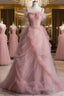 Fairy Ball Gown Straps Pink Tulle Formal Prom Dresses For Teens