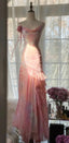 Fairytale Pink Mermaid Spaghetti Strap Beaded Ruffle Chiffon Formal Prom Dresses