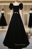 Fashion Black Velvet Short Sleeve Square Neck Formal Prom Dresses