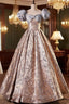 Fashion Floor-Length Printing Formal Prom Dresses, A-Line Short Sleeve Backless Formal Dresses
