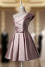 Fashionable Pink Knee Length Satin Short Formal Prom Dresses, One Shoulder Bridesmaid Dresses