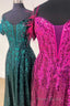 Feathered Cold Shoulder Sequin Long Formal Prom Dresses with Appliques