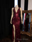 Long Mermaid Burgundy Sequin Formal Prom Dresses Glitter Split Evening Gown