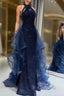 Navy Blue Sequins Long Formal Prom Party Dresses
