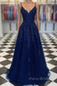 A Line Navy Blue V Neck Lace Formal Prom Dresses