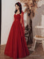 Burgundy tulle sequins long prom dress