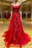 Red Long Formal Prom Dresses Chic & Modern Lace Applique Straps Prom Dresses
