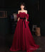 Burgundy satin long prom dress A line evening dress