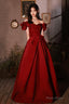 Burgundy satin long prom dress A line evening dress