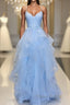 Blue sleeveless Formal Prom Dresses,applique spaghetti-straps v-neck evening Dresses,tulle lace ruffles party Dresses