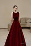 Burgundy velvet long A line prom dress with bow