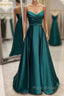 Floor-Length Satin Green Formal Prom Dresses A-Line With Pleated