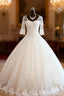 Floor Length Tulle Ball Gown Beading V neck 3/4 Sleeves Bateau Wedding Dresses